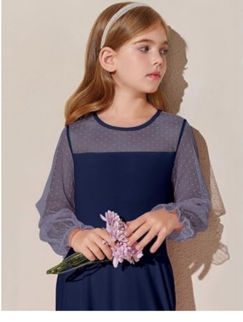 Girls Contrast Mesh Long Sleeve High Waist A Line Short Dress with Pocket Blue